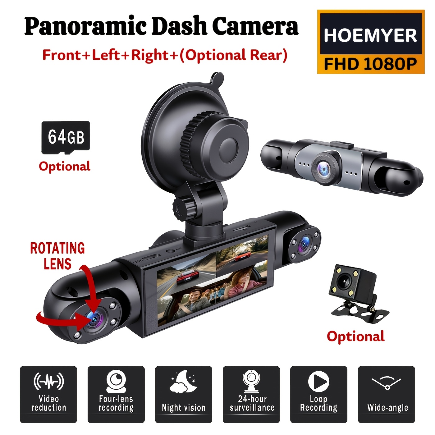 Panoramic Dash Cam 360 - BCUOZ 360° Panoramic 3/4-channel 1080P Car